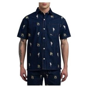 PRPS Men's Fukue Embroidered Short-Sleeve Shirt (Blue Color) Size L